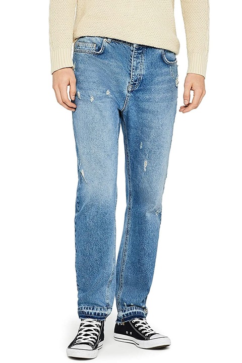 Férfi farmernadrág, karcsú szabás, szorongatott hatás, pamut, kék farmer, Sötétkék