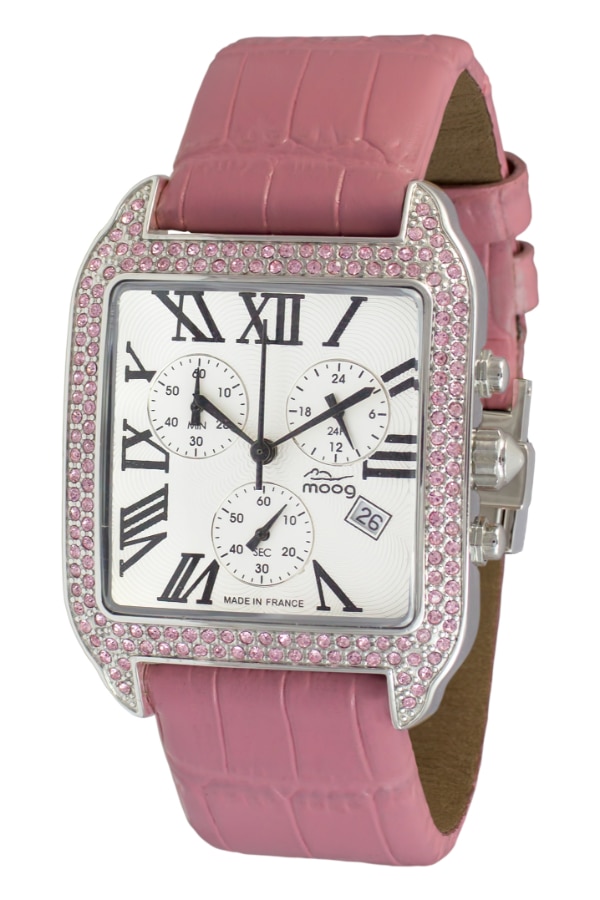 Ceas dama, Moog Paris, Think Different, Curea din piele naturala, Cadran alb cu elemente Swarovski, 21.8 cm, Roz