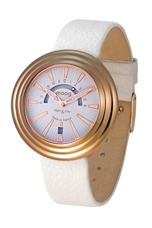 Ceas dama, Moog Paris, Night & Day, Curea din piele naturala, Cadran alb, 21.8 cm, Alb / Auriu