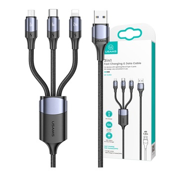 Cablu de incarcare 3 in1, USAMS, USB Type-C, Micro USB, Lightning, 120cm, Negru Cablu de incarcare 3 in1, USAMS, USB Type-C, Micro USB, Lightning, 120cm, Negru