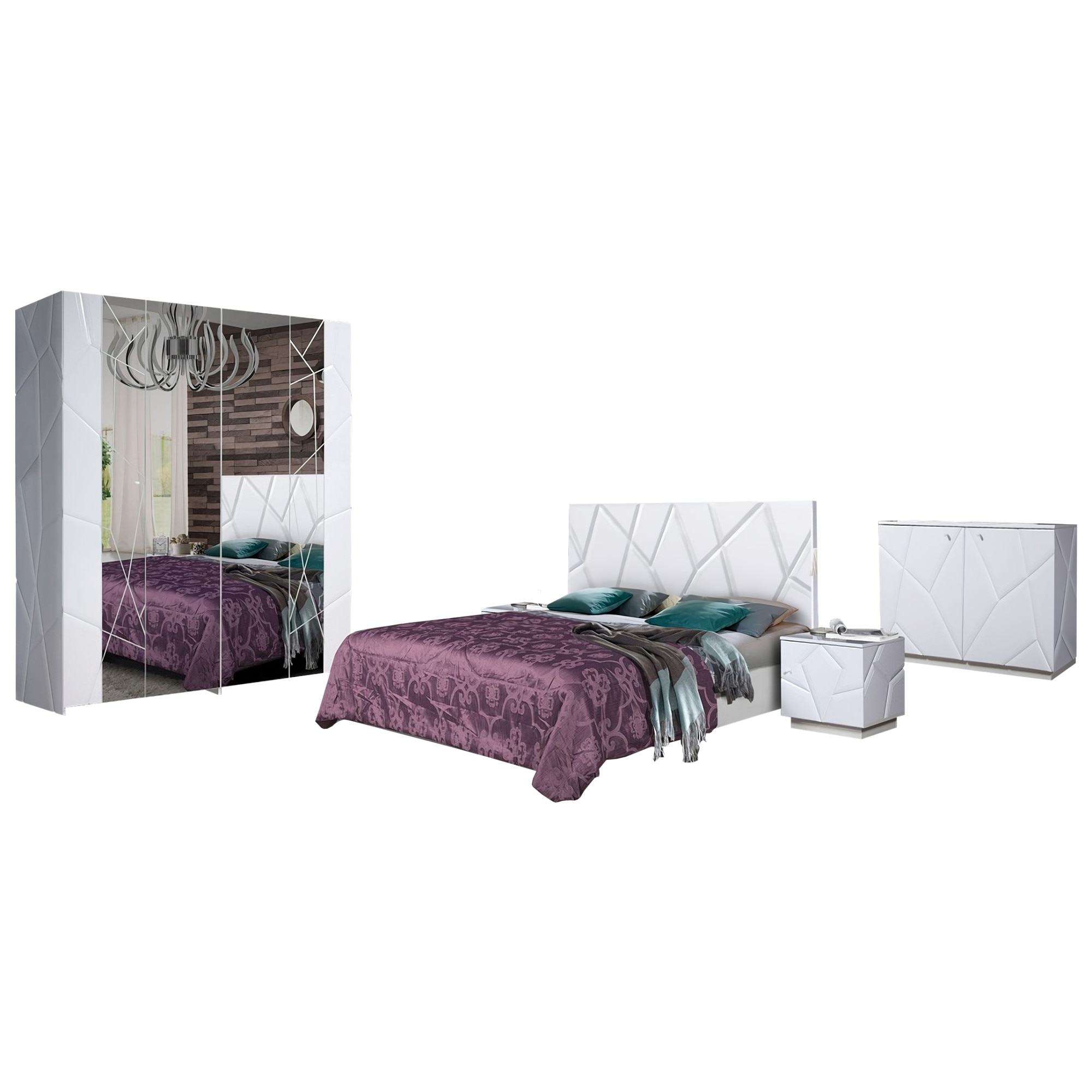 Set dormitor Kenzo, 130x52x198cm, cu dulap 4 usi, comoda, pat si noptiere, alb