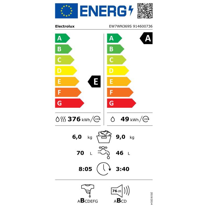 Masina de spalat rufe cu uscator Electrolux Dual-Care EW7WN369S, PerfectCare700, Spalare 9 kg, Uscare 6 kg, 1600 RPM, Clasa A, Motor Inverter, Alb