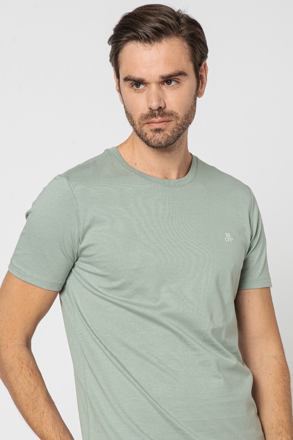 Marc O'Polo, Tricou de bumbac cu decolteu la baza gatului si logo, Verde feriga, 2XL