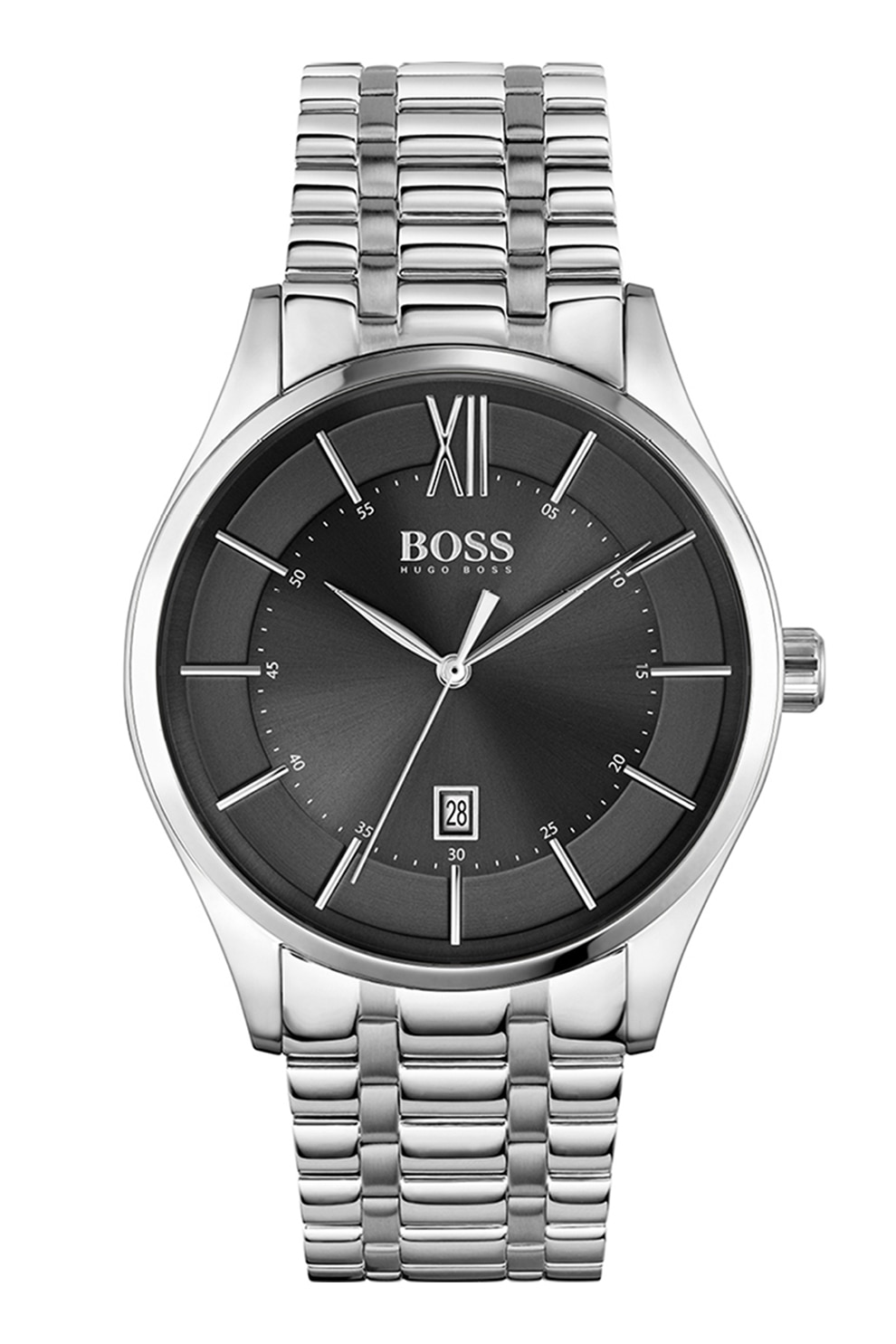 HUGO BOSS, Ceas rotund cu bratara metalica, Argintiu