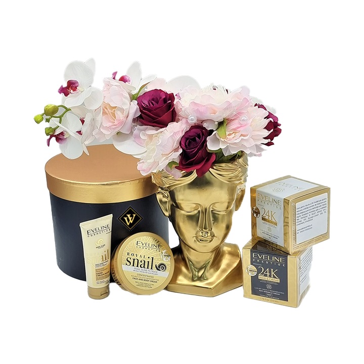 Pachet GOLD OF ART, Vaza Venus, crema de zi, crema de noapte, crema de corp, si crema de maini Evelive Prestige 24 K