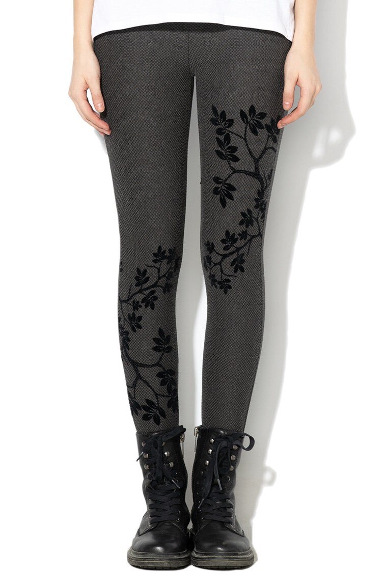 Pantalon cu aspect texturat si broderii, Desigual-Darling, Gri inchis/Negru, XS