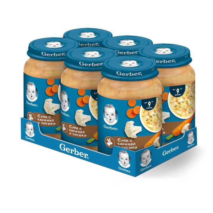 Комплект Пюрета Nestlé GERBER ® супа с карфиол и заешко, от 9-ия месец, бурканче, 6 х 190g