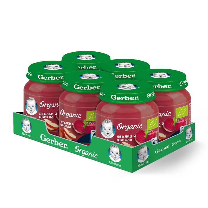 Комплект Пюрета GERBER ® Organic Ябълки и цвекло, от 6-ия месец, бурканче, 6х125g