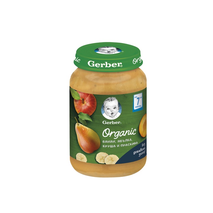 Пюре Gerber Organic, Банан, ябълка, круша и праскова, От 7-ия месец, бурканче, 190g