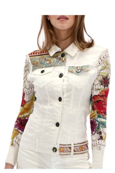 Jacheta denim cu aplicatii de strasuri, Desigual  Jacheta denim cu aplicatii de strasuri, Desigual