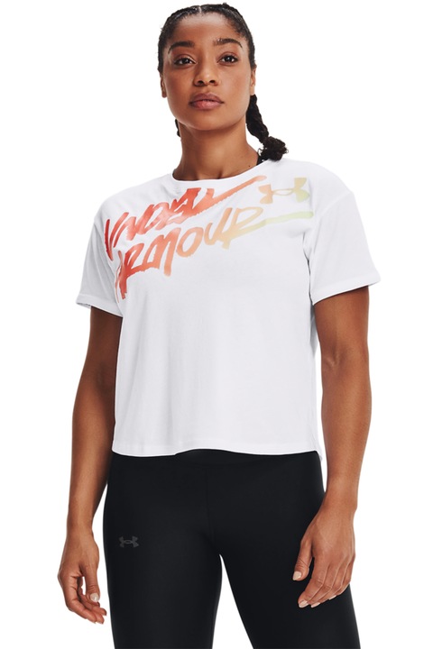 Under Armour, Tricou cu decolteu la baza gatului si imprimeu logo pentru fitness Chrono, Alb/Portocaliu