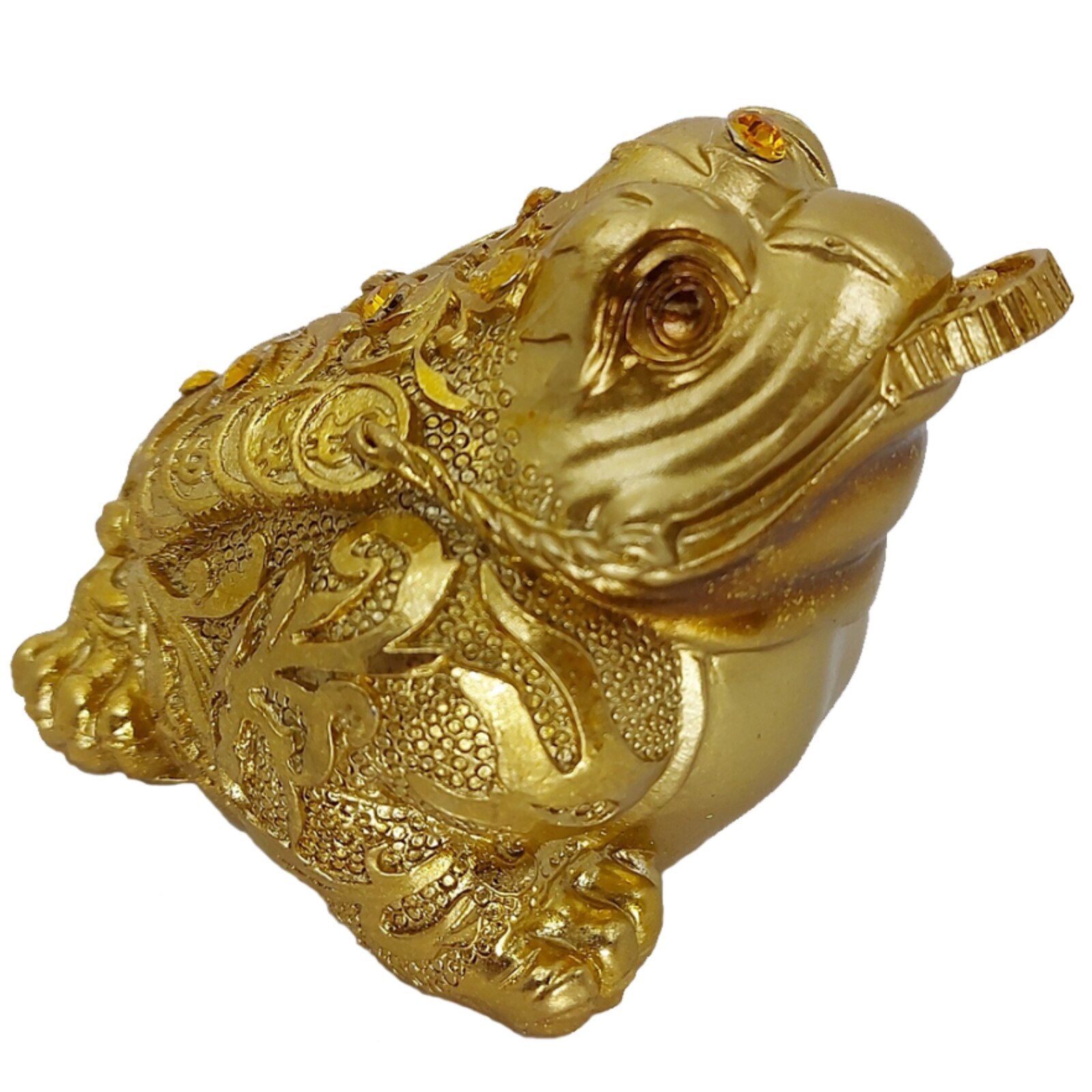 Statueta ArtDeco Broasca raioasa cu moneda in gura din polirasina de culoare aurie cu insertii si decoratiuni florale, monede si pietricele galbene, dimensiuni 7 cm inaltime, 10 cm lungime si 8 cm latime