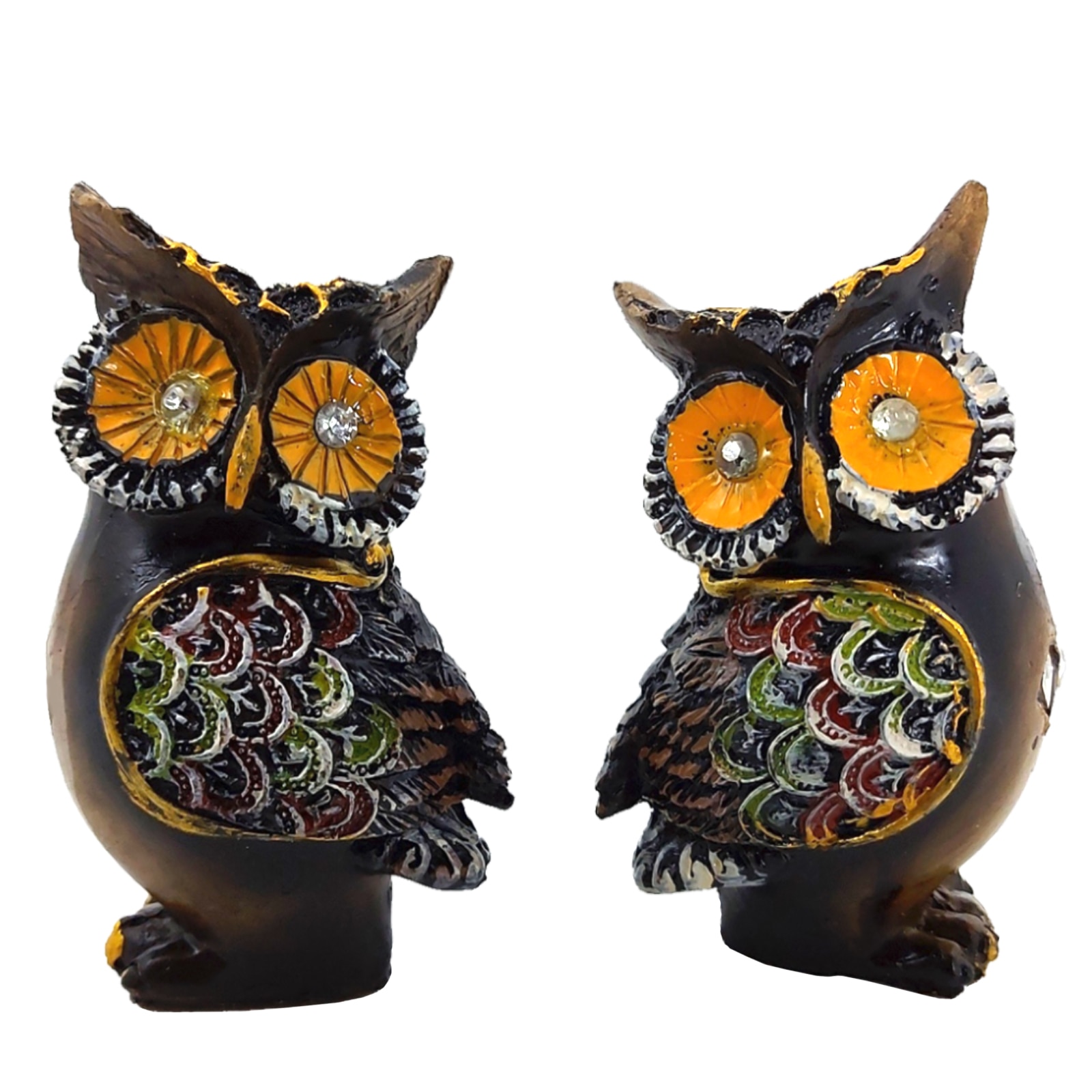 Set 2 Statuete ArtDeco Fortune Bufnite din polirasina de culoare maron-ciocolatiu cu detalii multicolore si romburi de oglinda