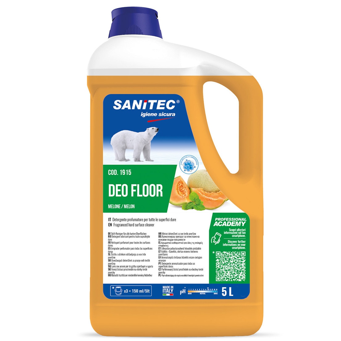 Detergent parfumat pardoseli, Sanitec Deo Fresh Melone, 5L, concentrat, avizat, profesional, antibacterian, cu aroma de pepene galben