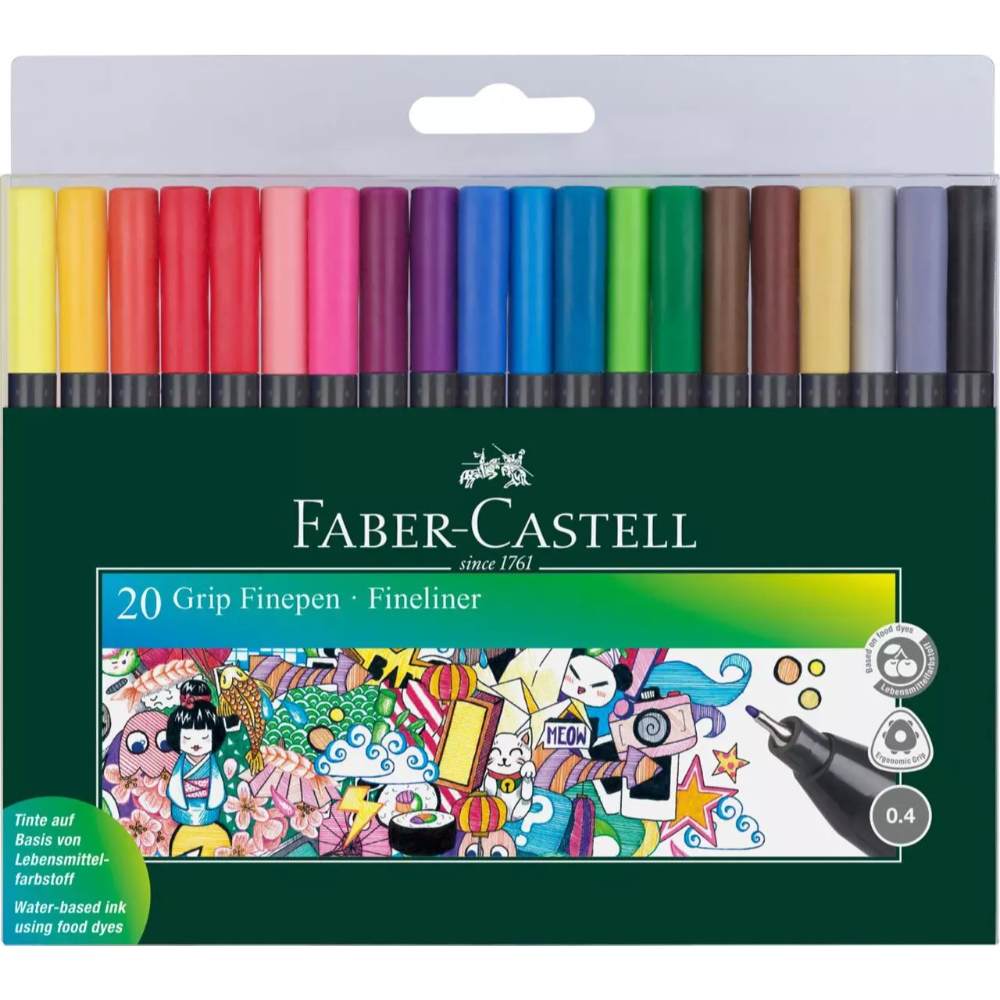Set 20 Pixuri Liner Faber-Castell Grip, Grosime Varf 0.4 mm, Diverse Culori