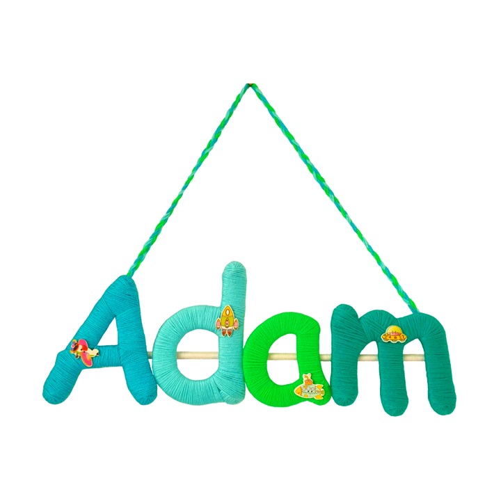 Ръчно изработена декорация за детската стая, с персонализирано име Адам, 40х13 см, многоцветна