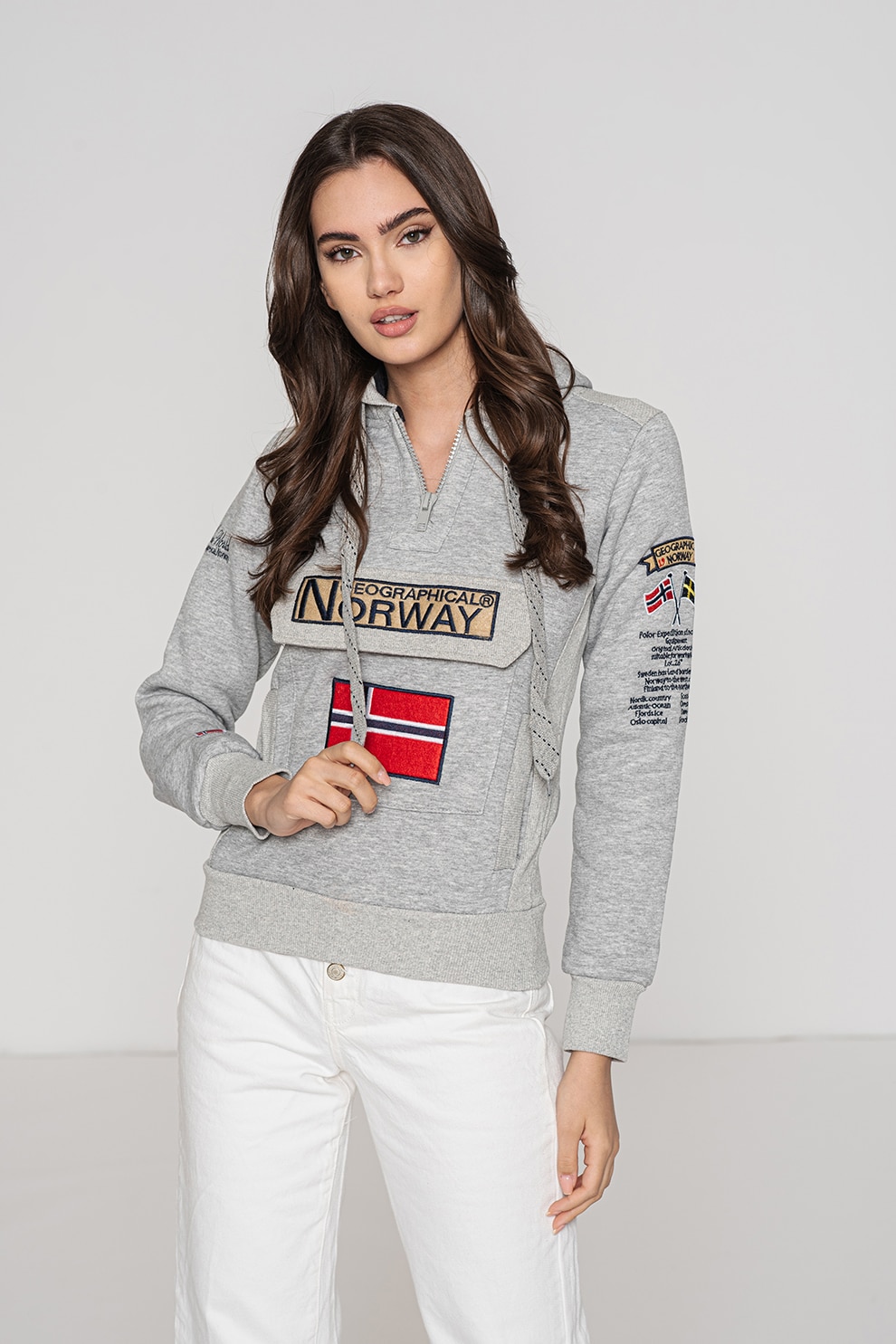 Geographical Norway, Hanorac cu imprimeu logo Gymclass, Gri melange/Rosu/Bleumarin, 2XL