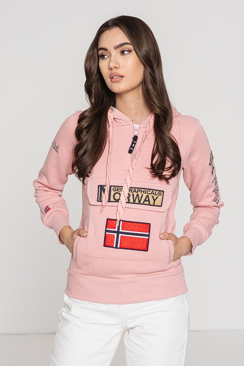 Geographical Norway, Hanorac cu snur si logo brodat Gymclass, Rosu/Bej/Roz pal