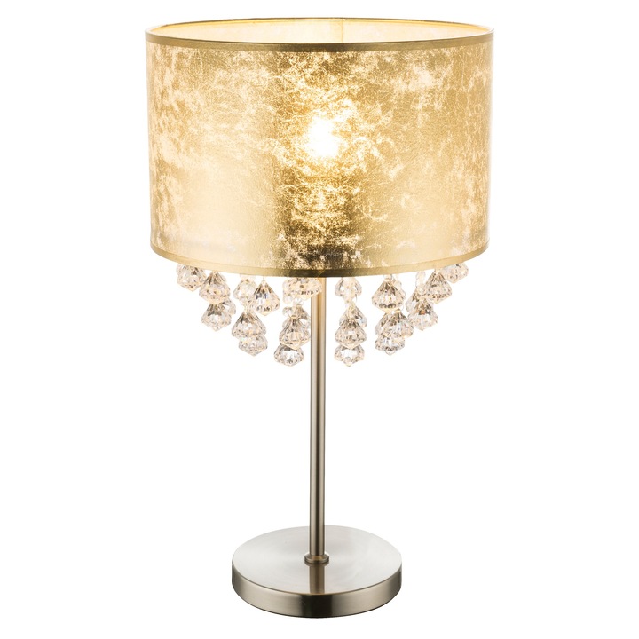 Лампа DacEnergy©, Метална конструкция, Текстилен абажур, Декориран с акрилни кристали, 60W, Цокъл E27, Златист