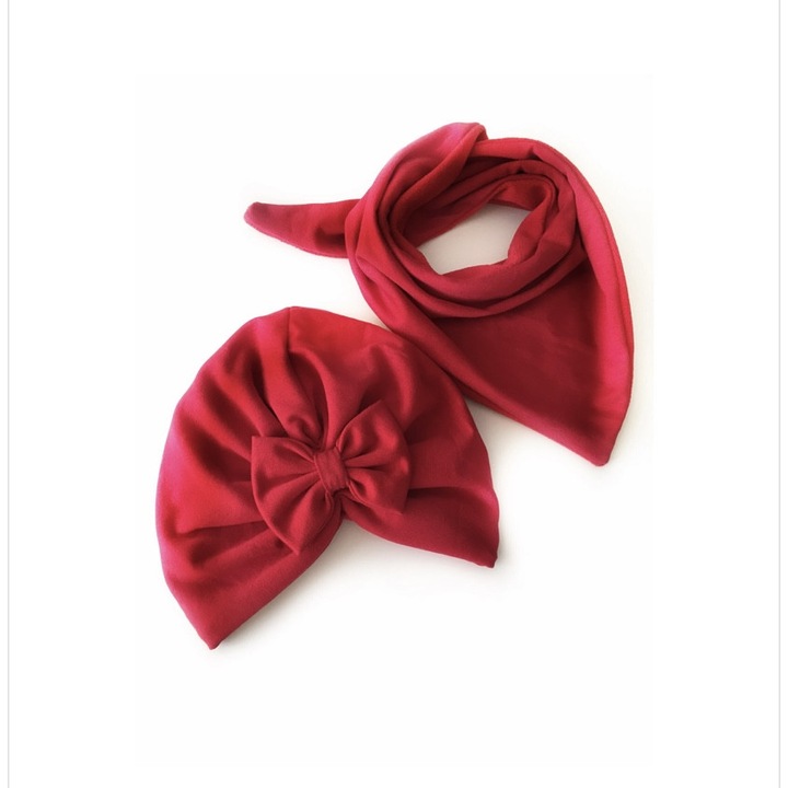 Зимен комплект тюрбан и червен шал с панделка, размер 6-9 месеца