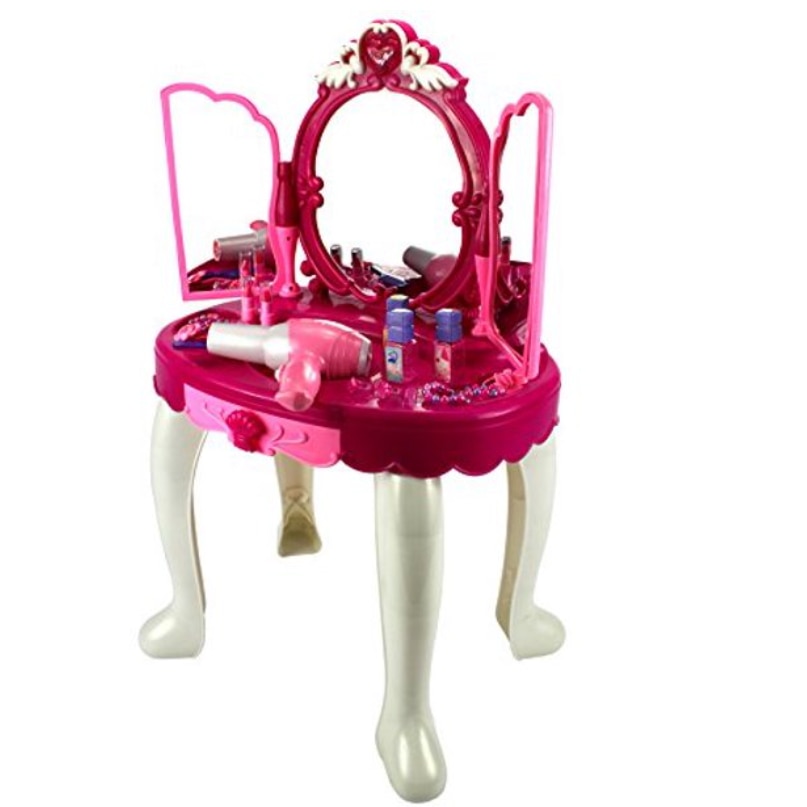 Set Masuta infrumusetare fetite cu Oglinda dubla, Feon, Scaunel si accesorii, 17 piese