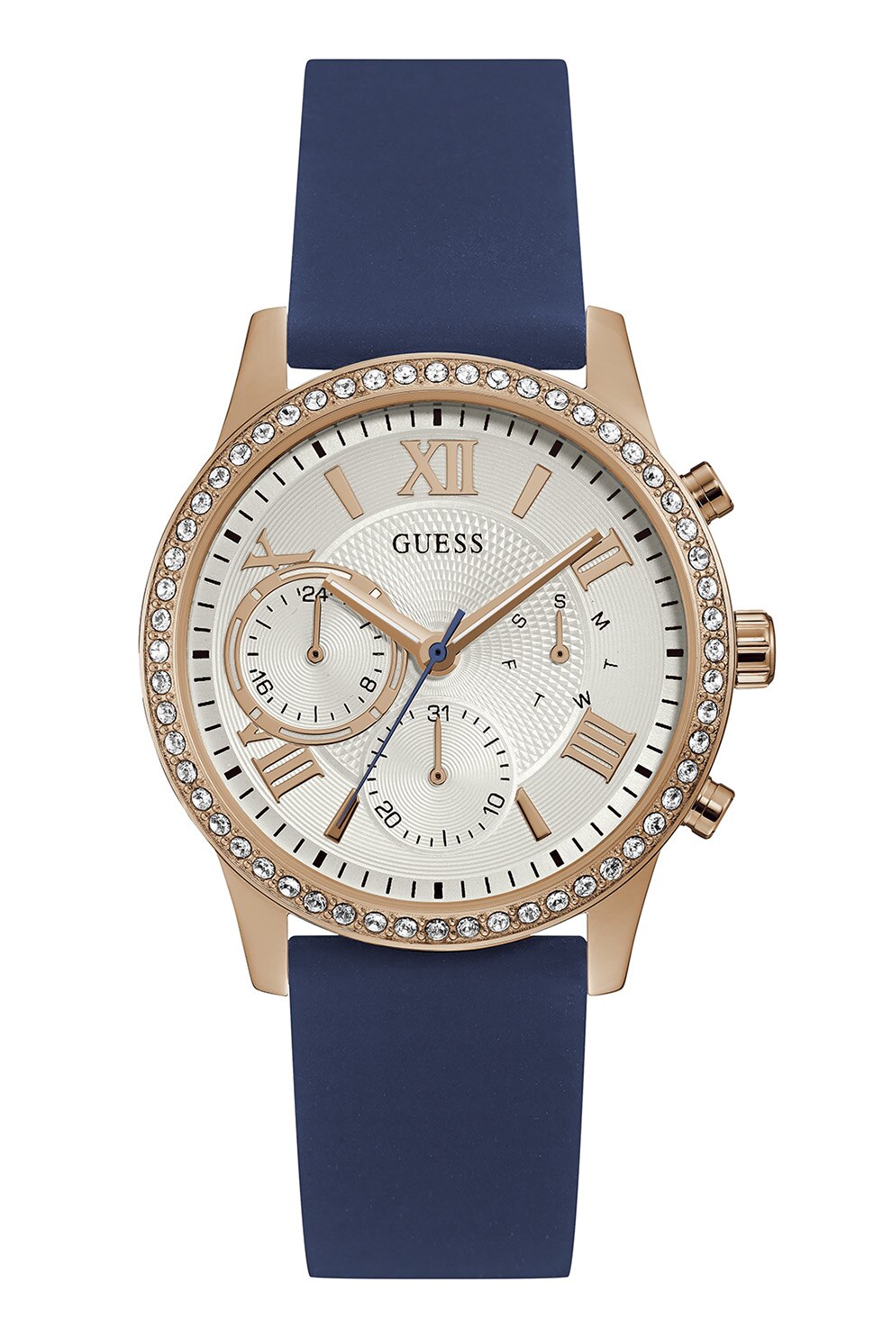 Guess, Ceas cu functii multiple si curea din piele, Albastru/Auriu rose