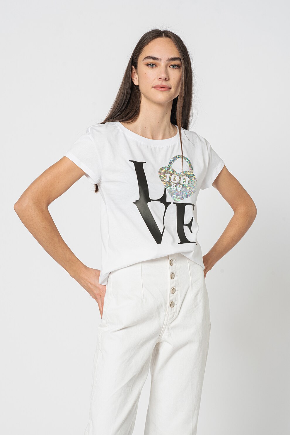 Love Moschino, Tricou cu imprimeu logo suprdimensionat, Alb/Negru