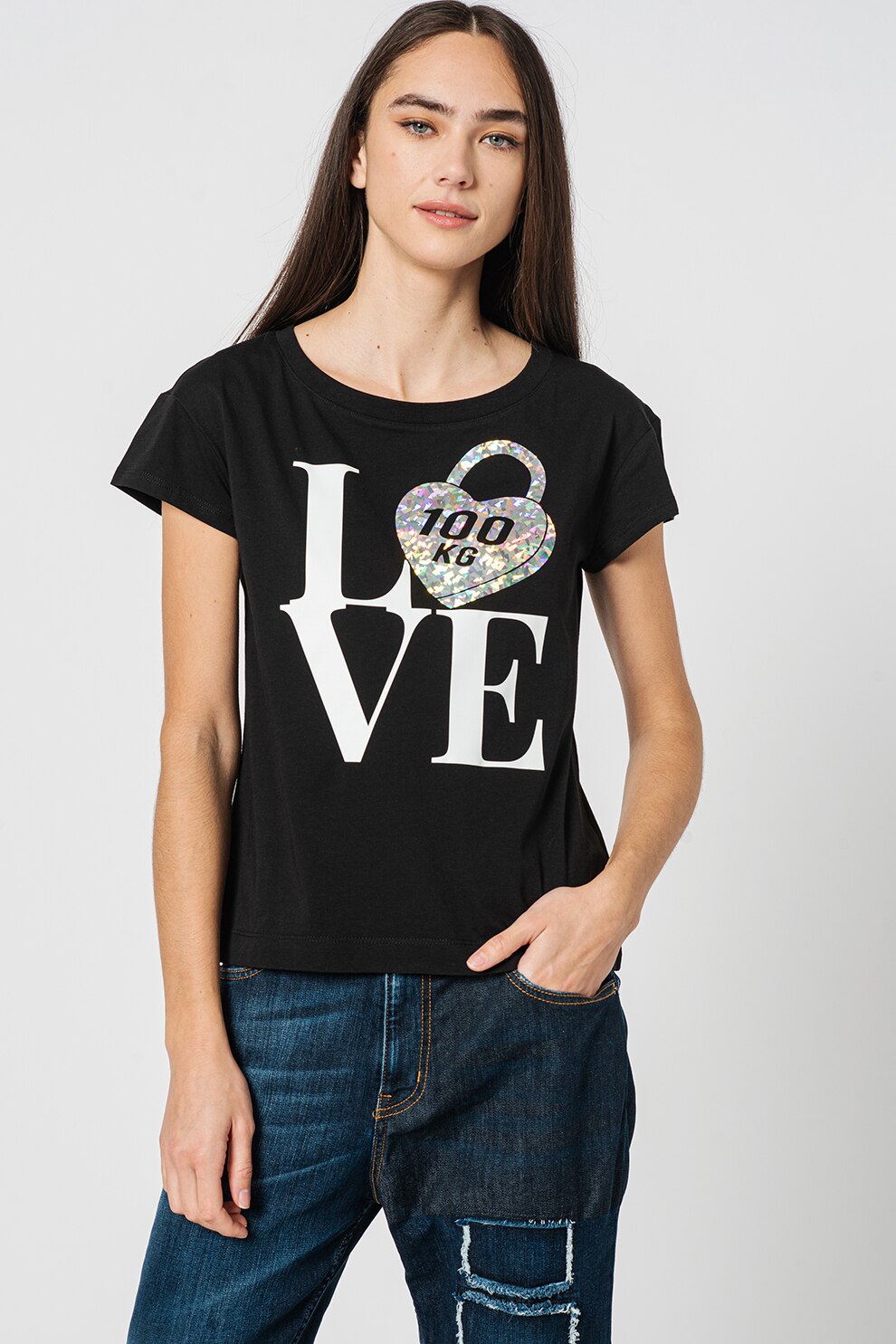 Love Moschino, Tricou cu imprimeu logo suprdimensionat, Negru/Alb