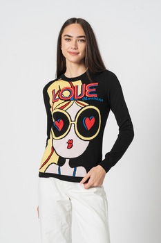 Love Moschino, Pulover din amestec de lana cu imprimeu grafic, Negru/Galben/Rosu Love Moschino, Pulover din amestec de lana cu imprimeu grafic, Negru/Galben/Rosu