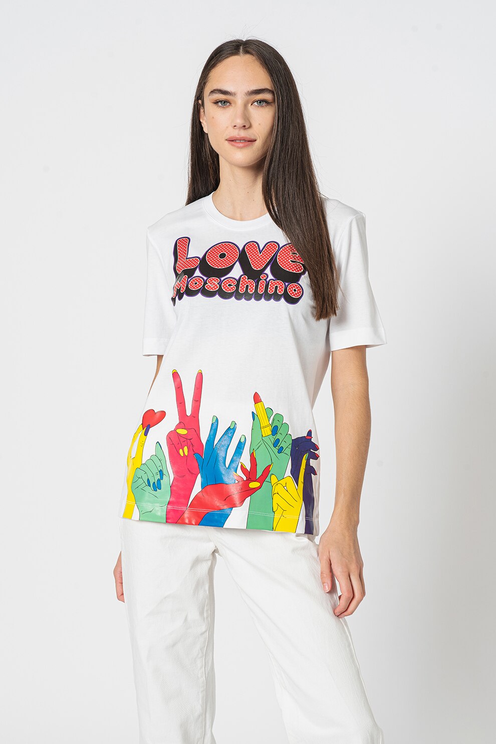 Love Moschino, Tricou cu imprimeu logo si grafic, Alb/Roz/Galben