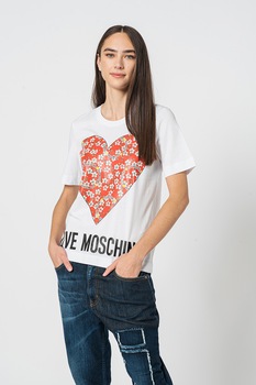 Love Moschino, Tricou cu imprimeu logo si decolteu la baza gatului, Alb/Rosu/Verde Love Moschino, Tricou cu imprimeu logo si decolteu la baza gatului, Alb/Rosu/Verde