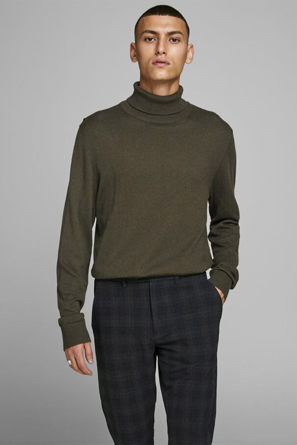 Jack&Jones, Pulover tricotat fin cu guler inalt Emil, Verde militar