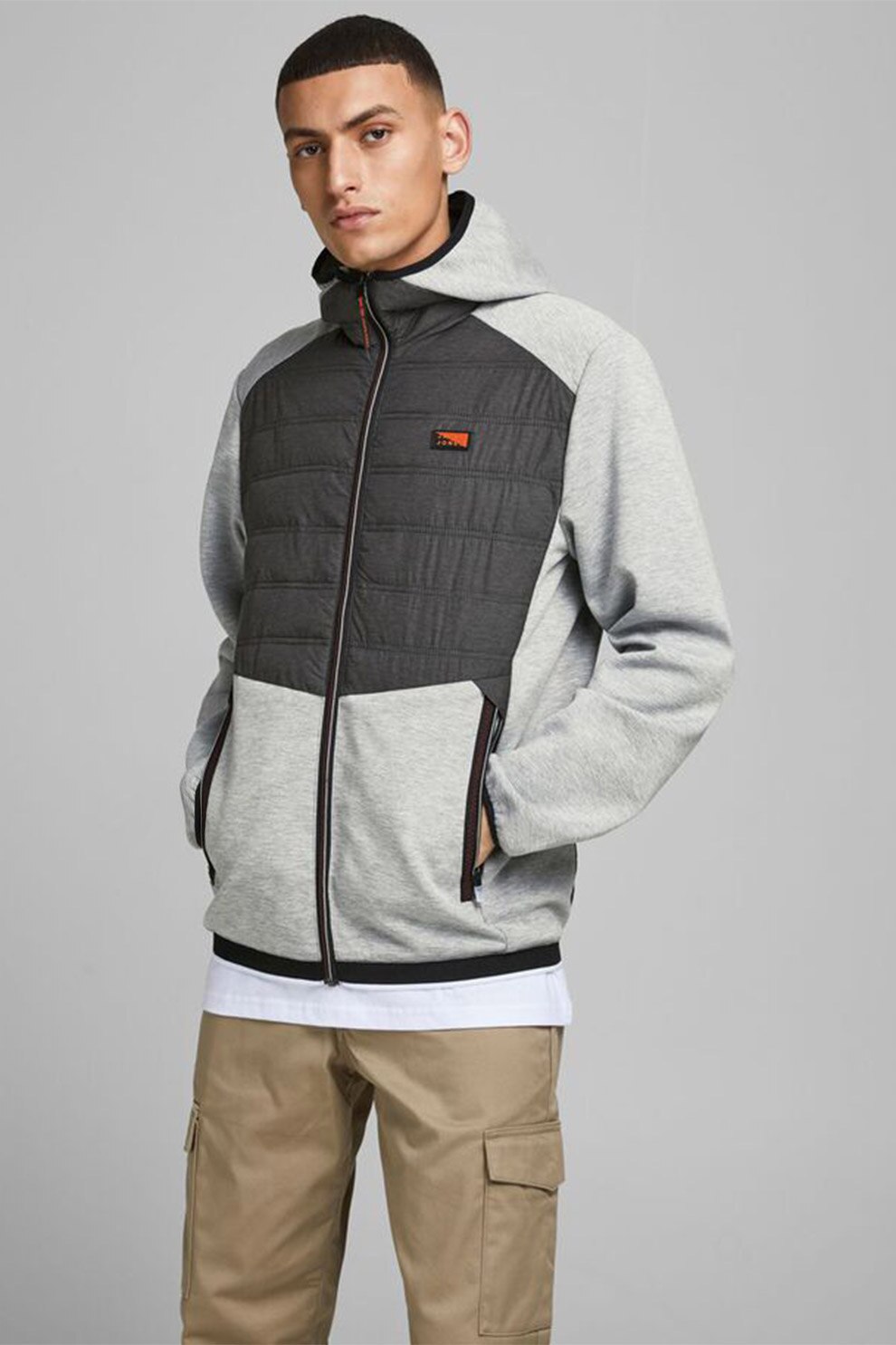 Jack&Jones, Jacheta usoara cu fermoar si segment matlasat, Gri melange