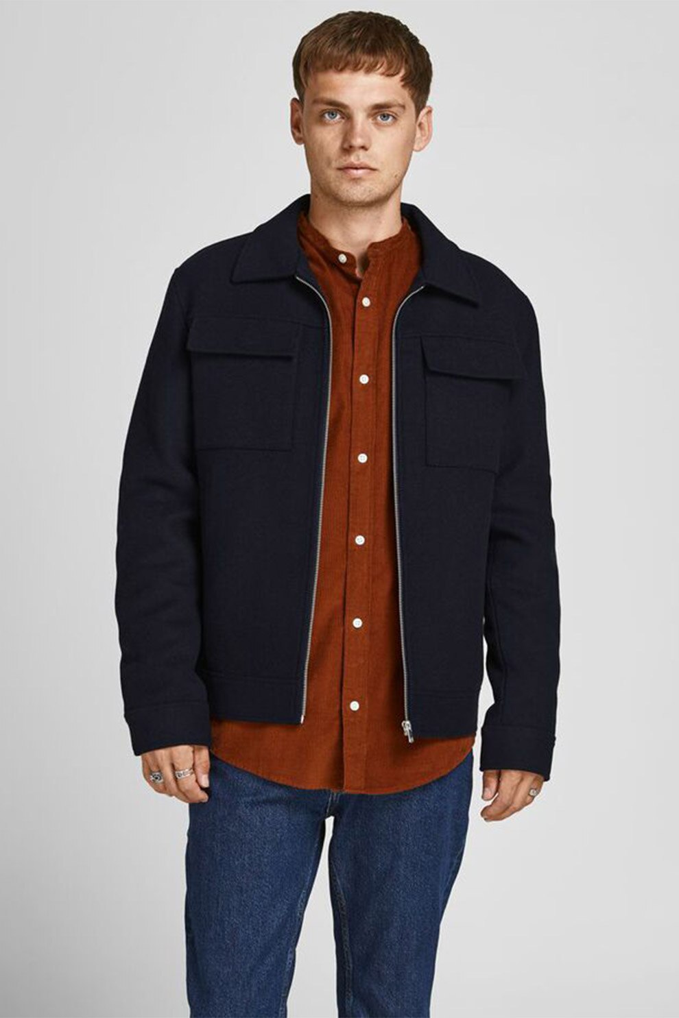 Jack&Jones, Jacheta-camasa cu fermoar si buzunare aplicate, Bleumarin inchis