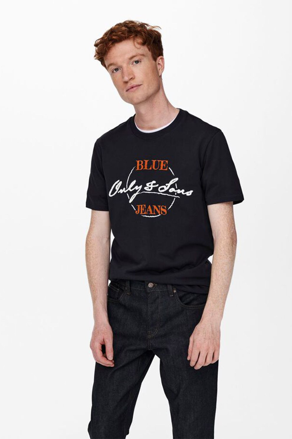 Only & Sons, Tricou slim fit de bumbac organic, 22020343, Bleumarin inchis/Alb/Rosu