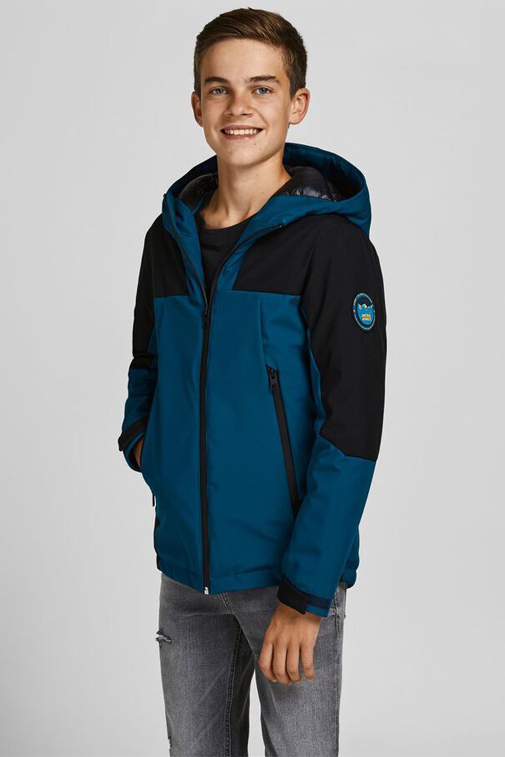 Jack&Jones, Geaca cu gluga si buzunare cu fermoar, Albastru inchis/Negru, 140 CM