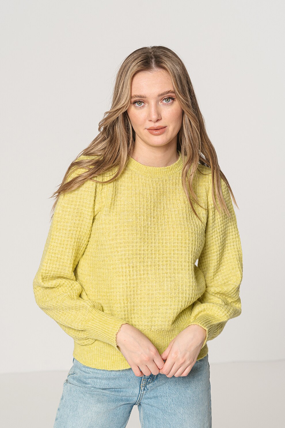 Vero Moda, Pulover cu decolteu rotund si model uni, Verde fistic