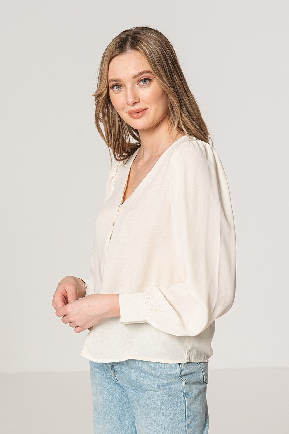 Vero Moda, Bluza cu decolteu in V si maneci lungi, Crem