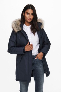 Only, Geaca cu gluga si garnitura de blana sintetica, Bleumarin inchis Only, Geaca cu gluga si garnitura de blana sintetica, Bleumarin inchis