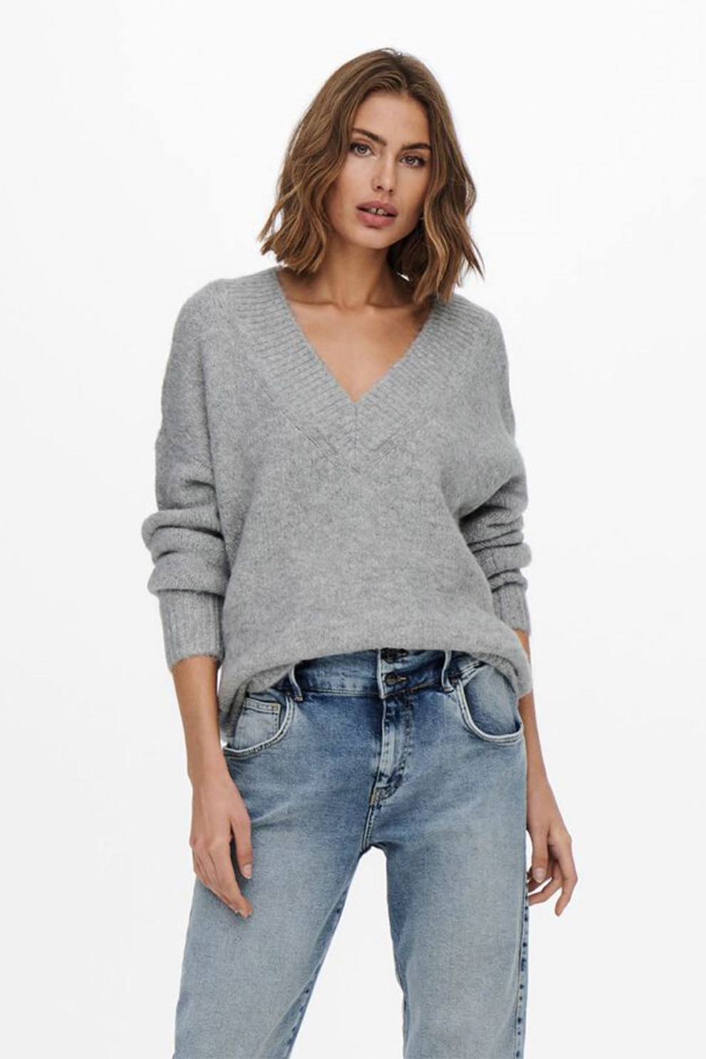 Only, Pulover cu decolteu in V si maneci cazute, Gri melange, XL