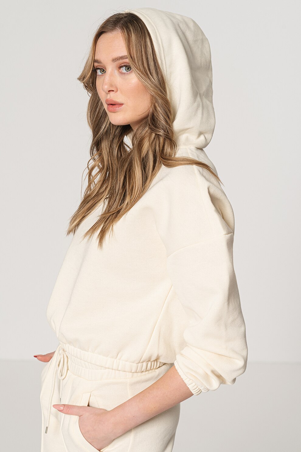 Vero Moda, Hanorac crop cu terminatie elastica, Crem