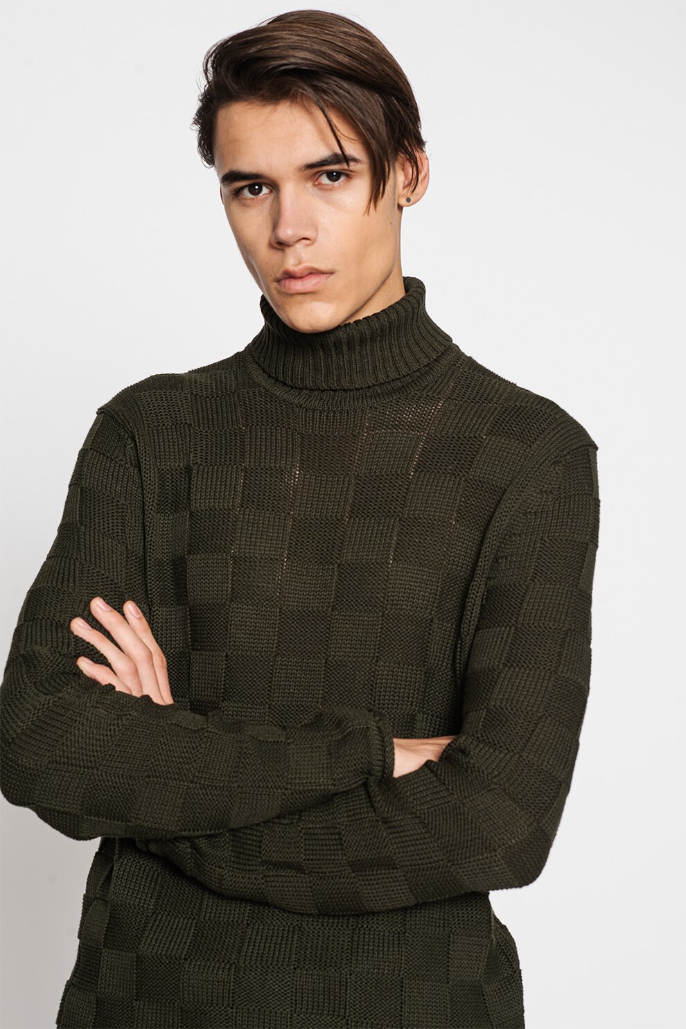 Only & Sons, Pulover cu guler inalt si aspect texturat Shelix, Verde militar