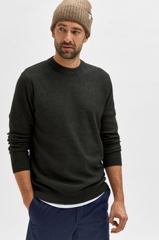 Selected Homme, Pulover regular fit de bumbac organic, Verde forest Selected Homme, Pulover regular fit de bumbac organic, Verde forest