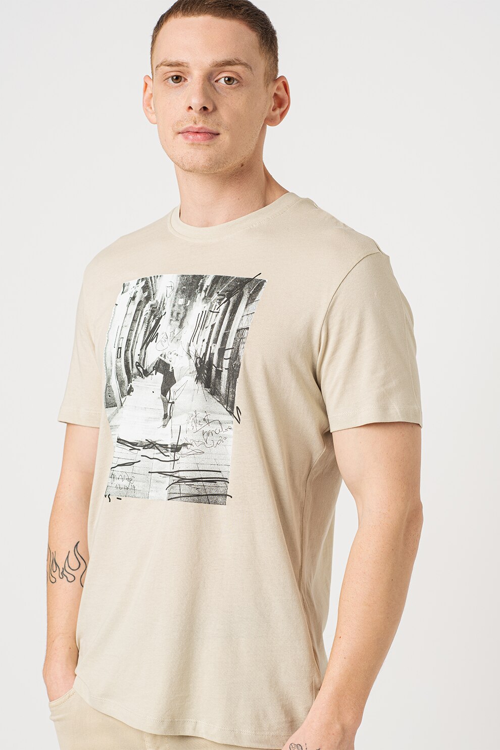 Only & Sons, Tricou regular fit cu imprimeu Cody, Bej deschis/alb/negru