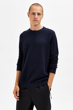 Selected Homme, Pulover cu decolteu la baza gatului, regular fit, din bumbac organic, Bleumarin inchis Selected Homme, Pulover cu decolteu la baza gatului, regular fit, din bumbac organic, Bleumarin inchis