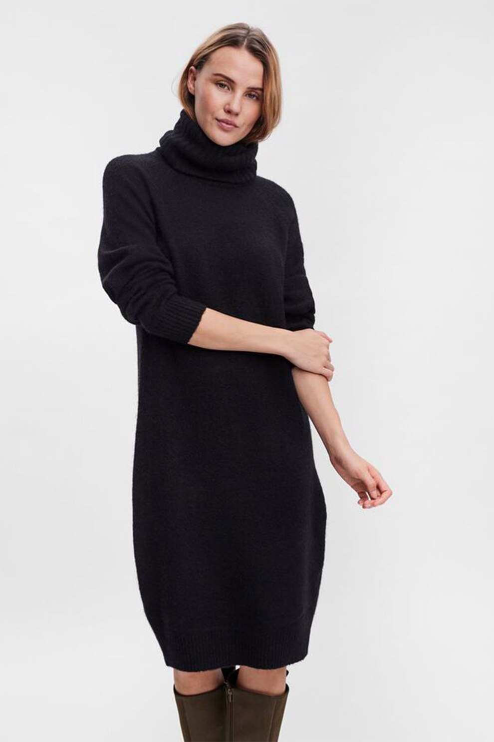 Vero Moda, Rochie midi tricotata din amestec de lana, Negru, S