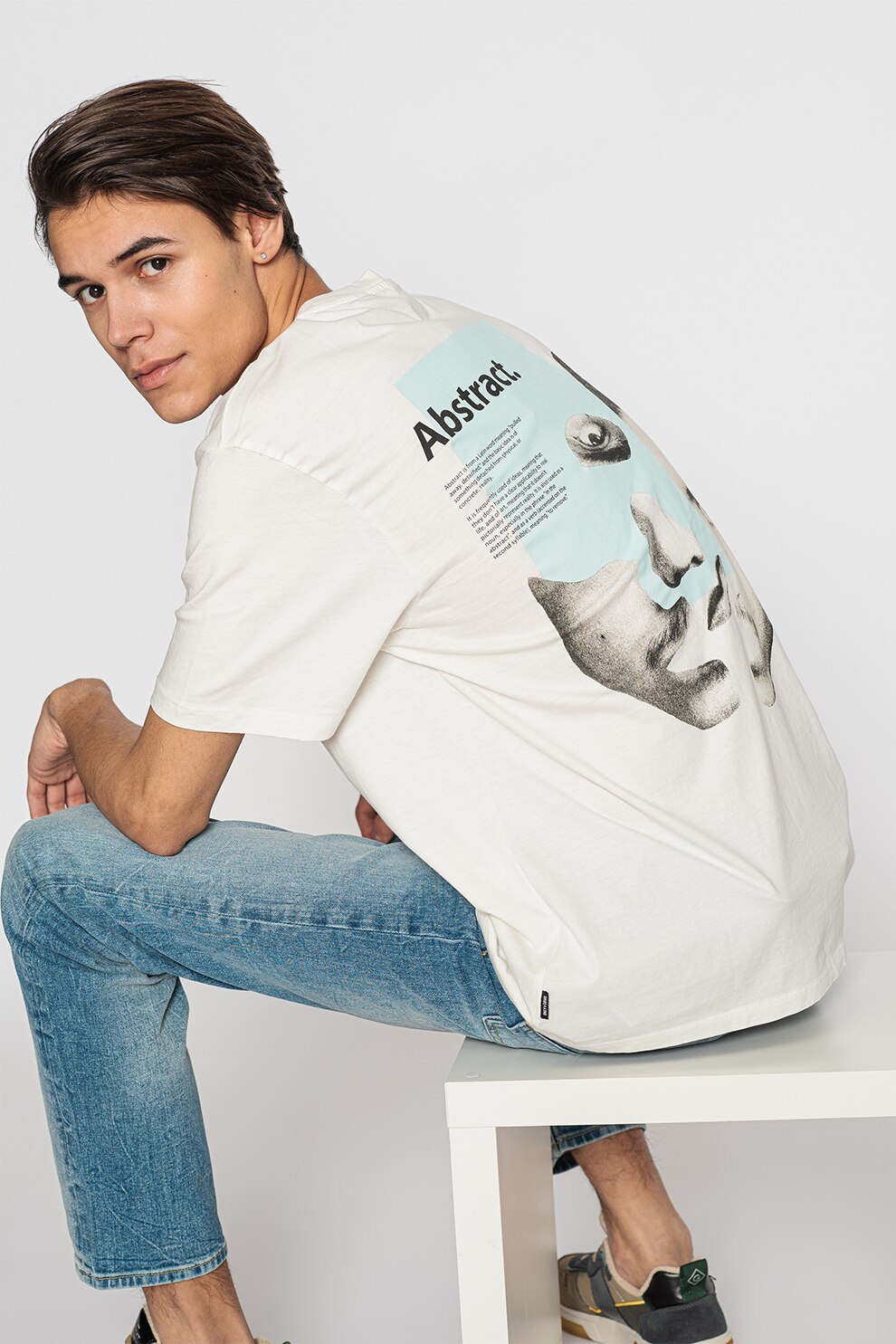 Only & Sons, Tricou cu imprimeu si maneci cazute Carte, Crem/Albastru