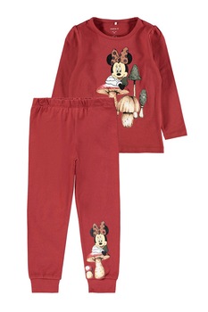 NAME IT, Pijama din amestec de bumbac organic cu imprimeu grafic, Rosu caramiziu NAME IT, Pijama din amestec de bumbac organic cu imprimeu grafic, Rosu caramiziu