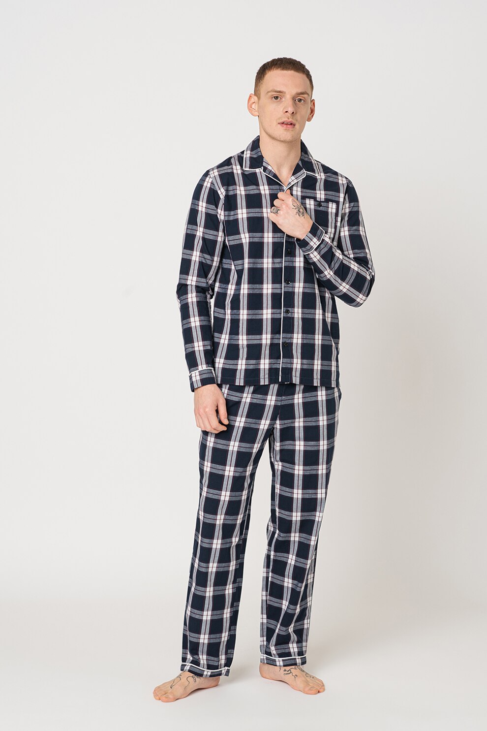 Jack&Jones, Pijama lunga Rico, Bleumarin/Alb/Bordeaux
