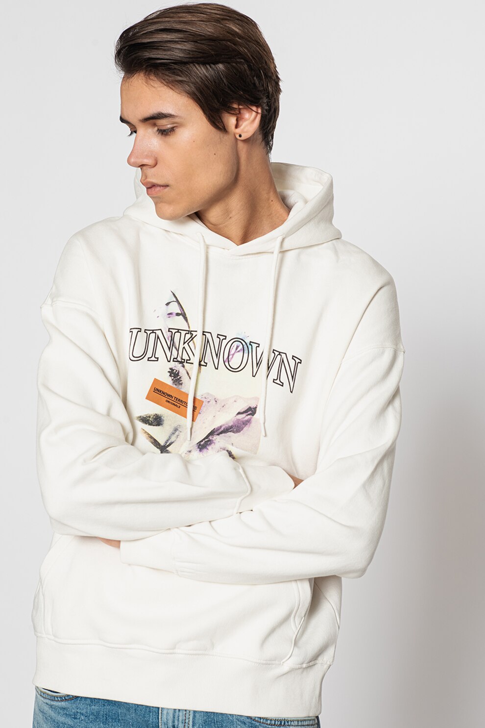 Jack&Jones, Hanorac lejer cu imprimeu Heritage, Alb optic/Negru